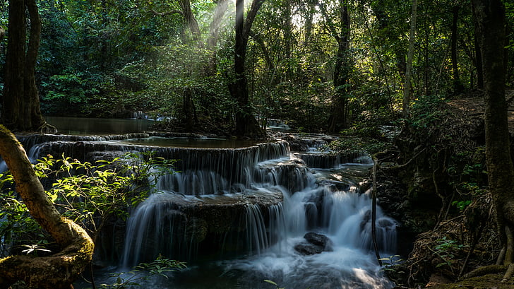 huay mae khamin waterfall, kanchanaburi, tourist attraction, nature, waterfall, forest, river