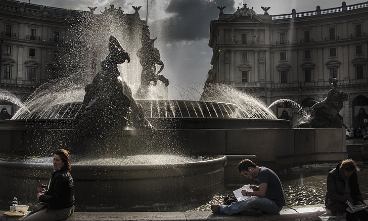 Roma, pôr do sol, ajuntando a luz, água, Fontana, Praça exedra, fonte
