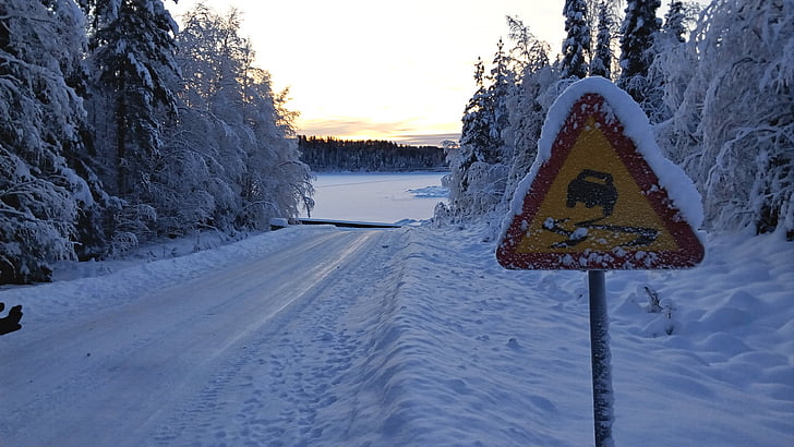 sinal de tráfego, Nevado, clima de inverno, paisagem de neve, Lapland