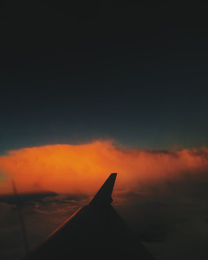 небо, крила, літак, подорож, хмари, силует, Темний
