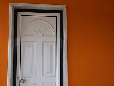 durvis, oranža, balta, durvju rokturi