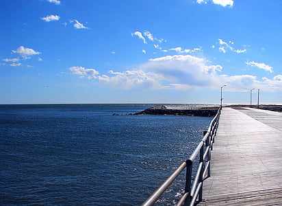 boardwalk, walkway, water, ocean, sky, clouds, path