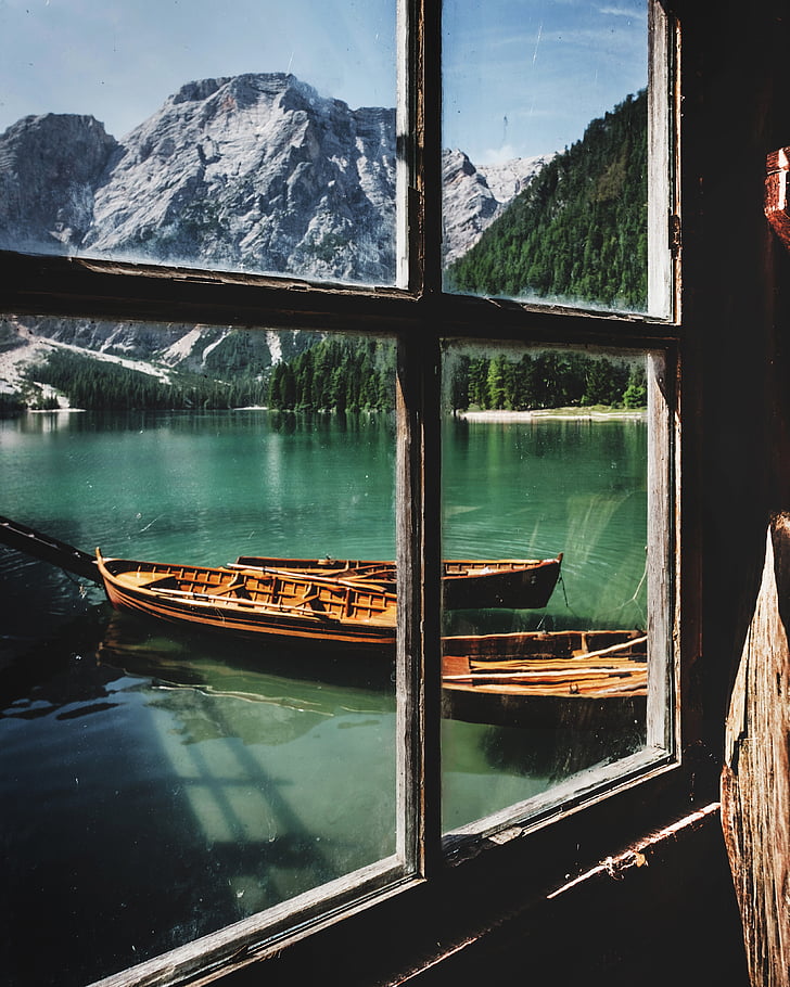 jezero, voda, dřevěný, loď, venkovní, okno, sklo