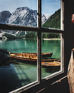 Lake, water, houten, boot, buiten, venster, glas