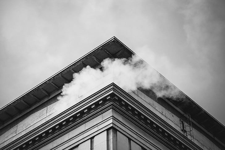 grayscale, architectural, photography, smoked, building, smoke, sky