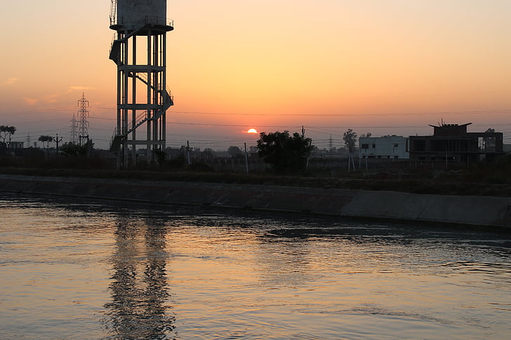 waterreservoir, zonsondergang, rivier, water, avond, Patiala, Punjab