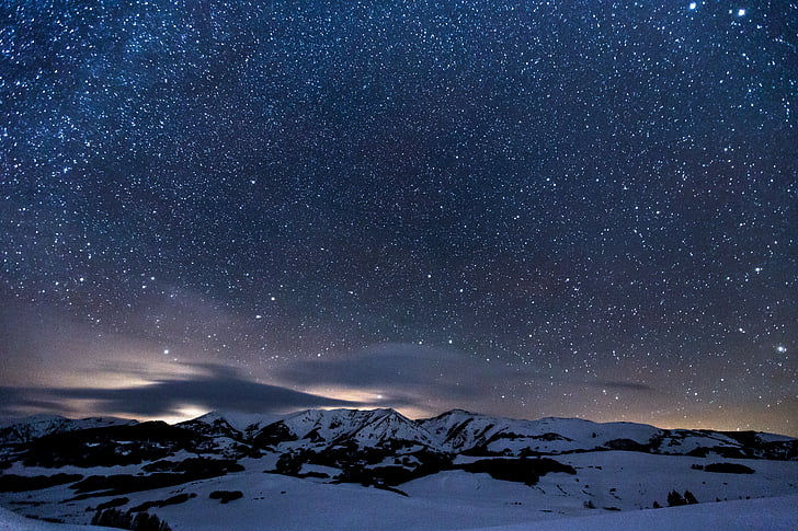 paisagem, foto, montanha, Inverno, completo, estrelas, escuro