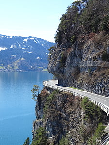 alpine, mountains, mountain road, gebrige, rock, rock slope, lake