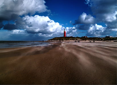 red, lighthouse, white, clouds, daytime, beach, sand