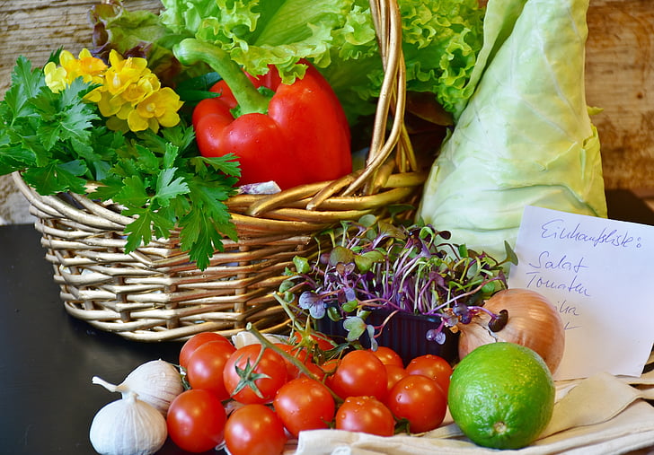 produtos hortícolas, cesta, compra de, mercado, mercado local de agricultores, tomate, agrião