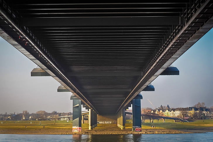 architecture, bridge, structures, building, river, transition, düsseldorf