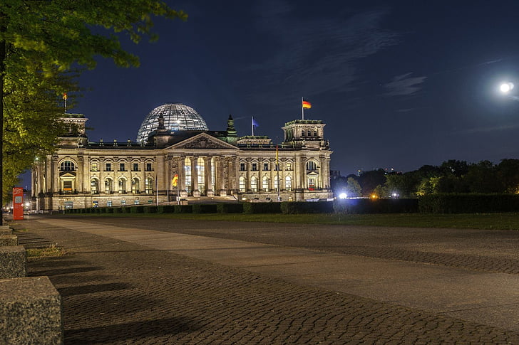 berlin, reichstag, capital, night, government district, moon, places of interest