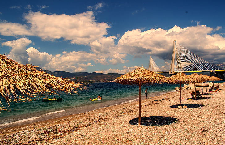 pludmales ainava, skaisti jūras ainava, Grieķija patra rio tilts, ainava, pludmale, daba, jūra