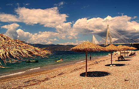 Strand-Landschaft, schöne Seelandschaft, Griechenland-Patras-Rio-Brücke, Landschaft, Strand, Natur, Meer