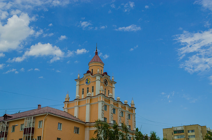 kapela, pulkstenis, Kostanajas, Kazahstāna, pilsētas laukumā, pilsētas centrā, laiks