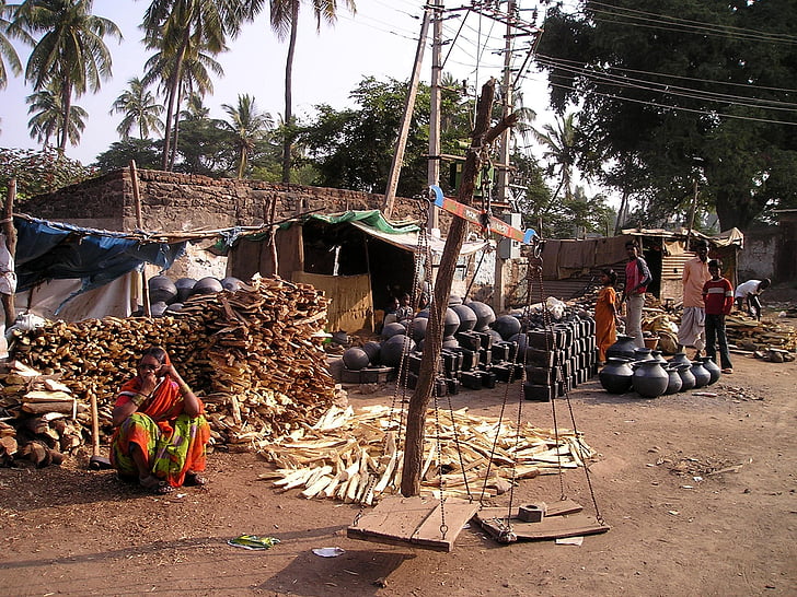 india, poverty, market, street trading, pots, firewood, trade