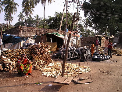 Indie, ubóstwo, rynku, ulicy trading, garnki, Drewno kominkowe, handlu