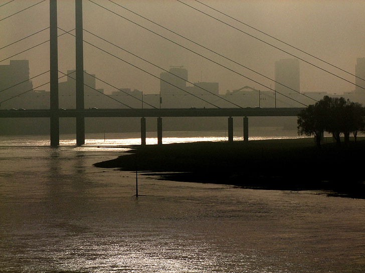 Rin, apa, Podul, pod suspendat, Podul de genunchi Rin, stâlpi, apus de soare