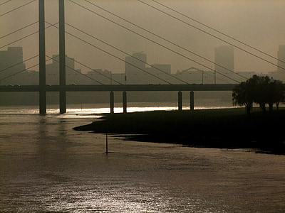 Rin, agua, puente, Puente de la suspensión, Puente de rodilla del Rin, Torres de alta tensión, puesta de sol