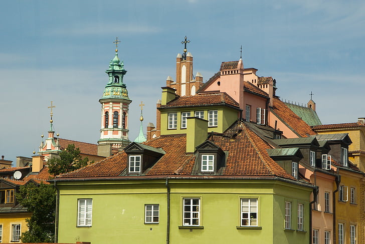 Polen, Warszawa, gamle bydel, facader, arkitektur, grøn bygning, gamle