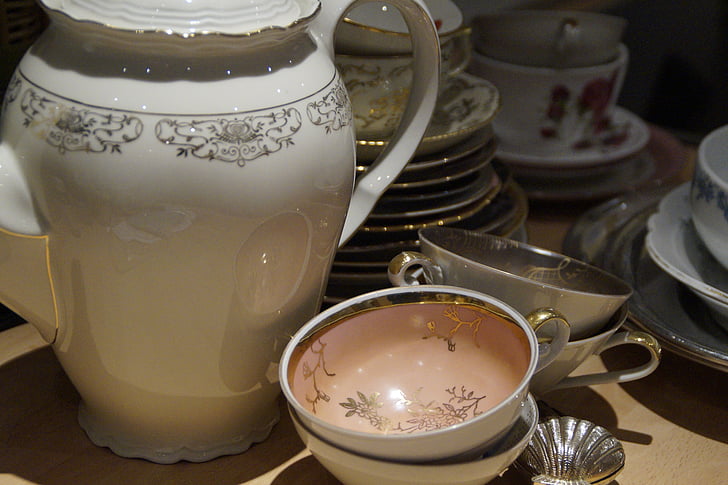 porcelán, nagymama, régi, antik, történelmileg, gyűjteménydarabok csésze, teeservice