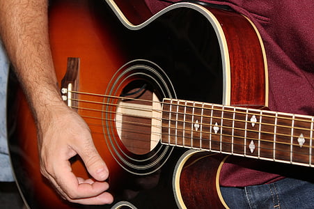 kitara, glasba, akustični, kitarist, glasbilo, glasbenik, človeška roka