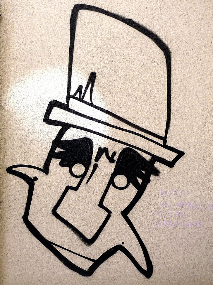 grafiti, ulična umjetnost, čovjek, šešir, ilustracija