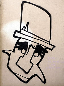 grafiti, ielu māksla, vīrietis, cepure, attēlā