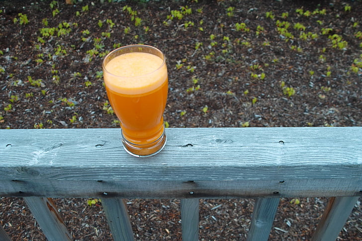 jus de carotte, verre, Coupe, à l’extérieur, pont, bois, santé