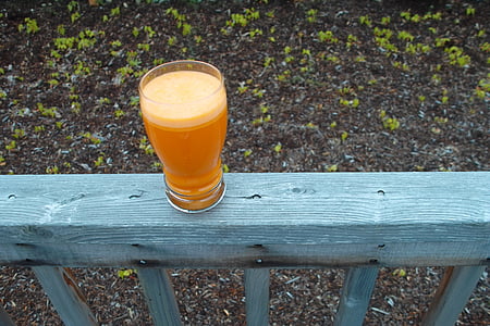 suco de cenoura, vidro, Copa, do lado de fora, convés, madeira, saúde