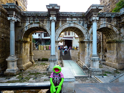 hadrian's gate, antalya, building, turkey, kermit, frog