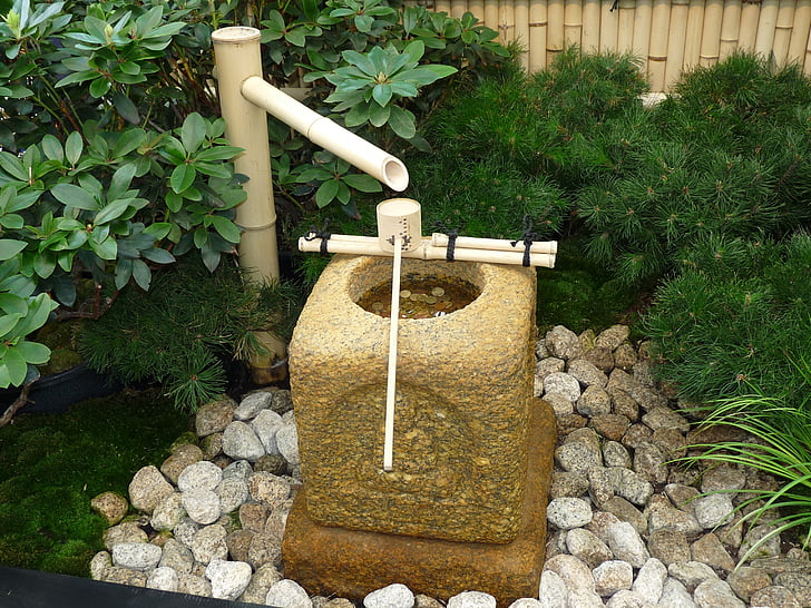 fountain, water, water fountain, trays, garden, stones, bamboo