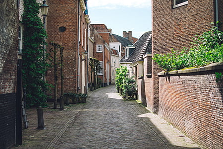 road, street, narrow, lane, alley, cobblestones, brick