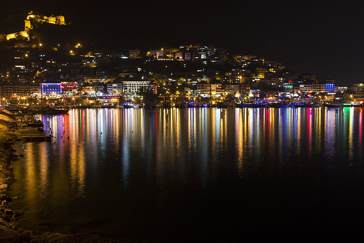 Alanya, Antalya, borgen i Alanya., refleksjon, natt, lys, blå