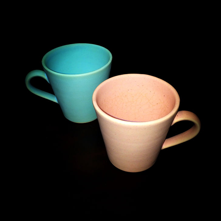 pohár, dvojice, stolní nádobí, šálek čaje, černé pozadí, keramika