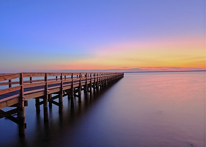 sunset, pier, jetty, water, evening, romantic, river