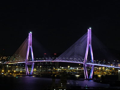 brug, nacht uitzicht, verlichting van de brug, zee, de zee van de nacht