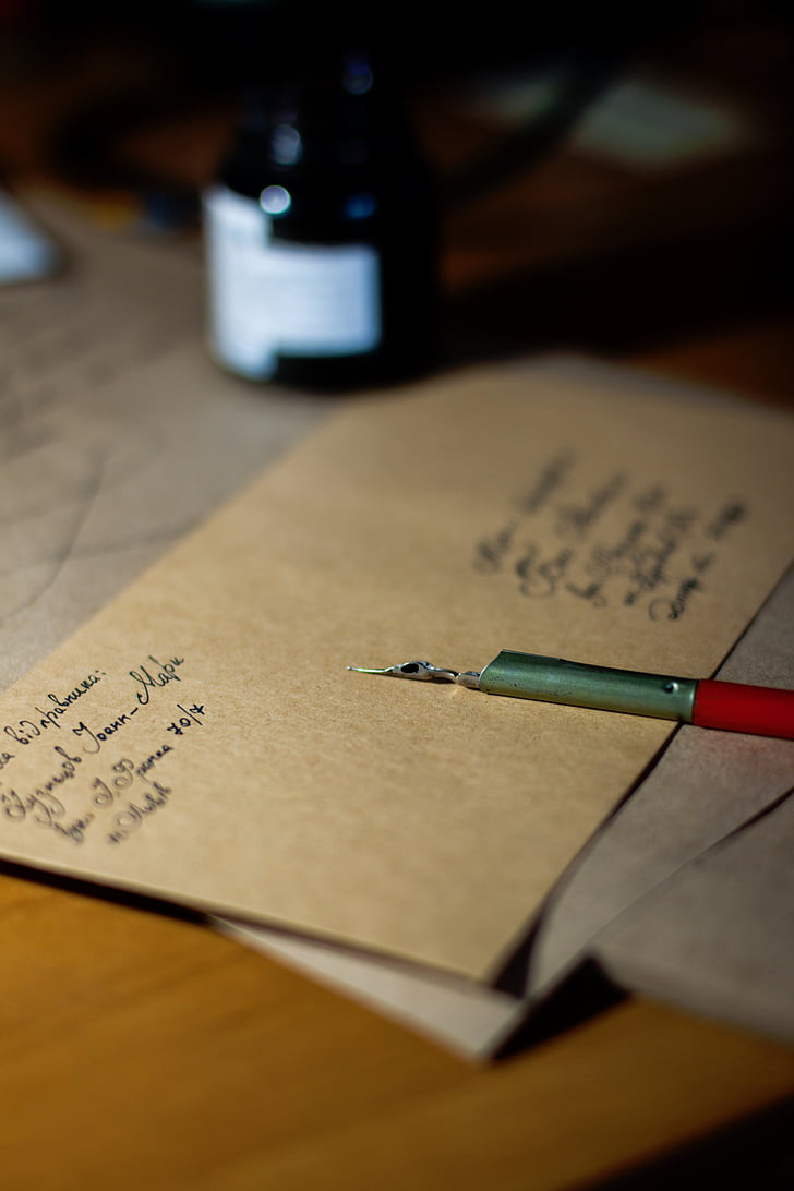 people, letters, envelope, pen, dip pen, writings, ink