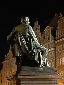 Alexander fredo, monument, Wroclaw, natt, gamlebyen, mann, sitte