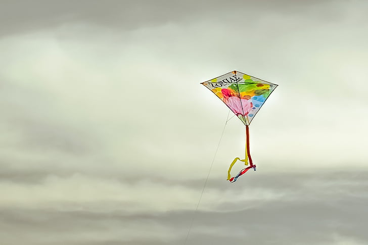 kite, colorful, flying, fly, sky, cloudy, dom