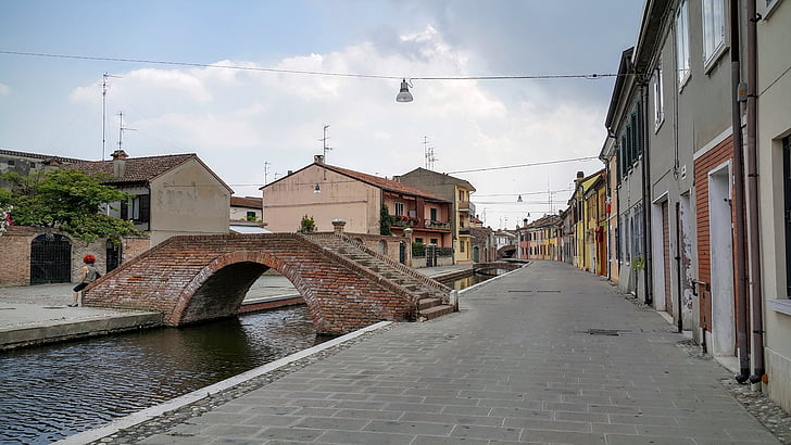 Comacchio, csatorna, Olaszország, építészet, Európa, város, történelem