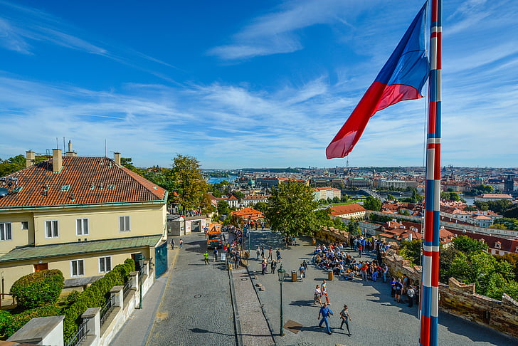 Πράγα, Κάστρο, Τσεχικά, σημαία, Προβολή, Ποταμός, ταξίδια