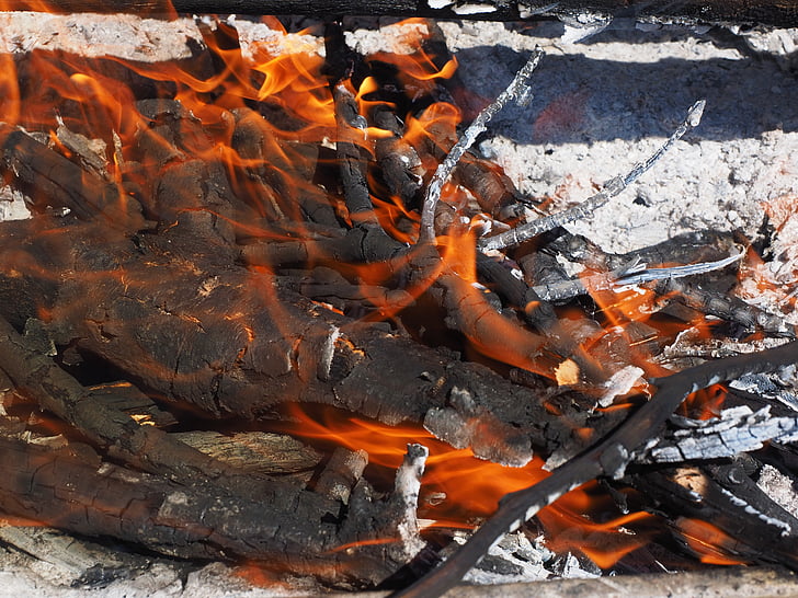 Зона за барбекю, огън, лагерен огън, горя, пламък, дървен материал, пепел