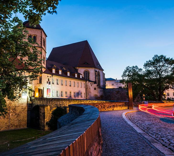 hala, Halle, Německo, modrá hodina, castle Moritzburg, noční fotografie, noční, Sasko Anhaltsko