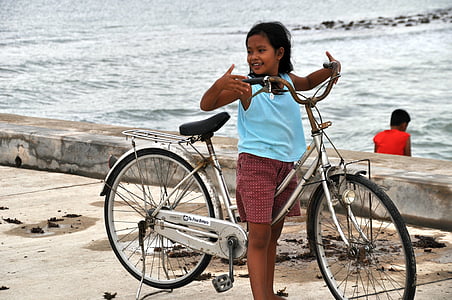 velosipēds, Filipīnas, jūra, meitene, pludmale, ūdens