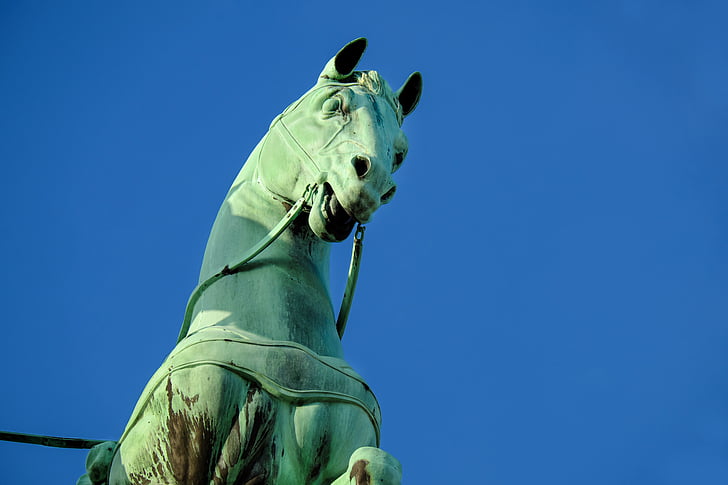 sculpture, horse, copper, brandenburg gate, berlin, landmark, blue