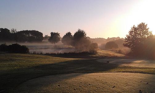 parcours de golf, Bunker, piège à sable, matin, lever du soleil