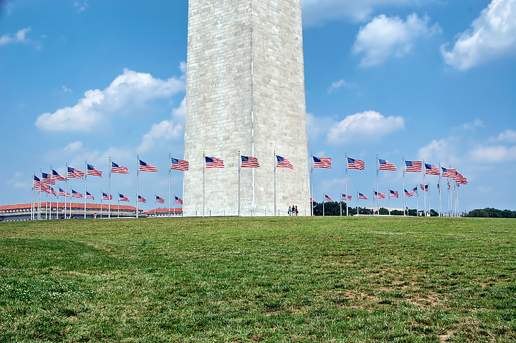 Washington d c, Washington monument, flaggor, gräs, staden, städer, landmärke