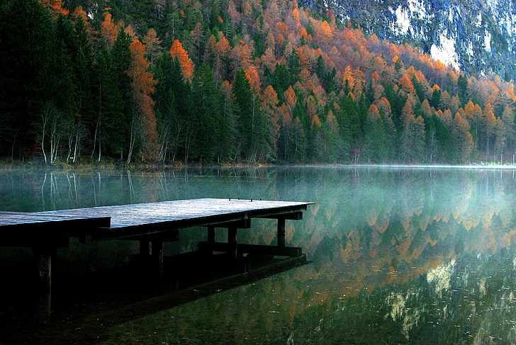 autumn, fall, lake, dock, mountains, wild, wilderness