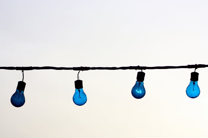 blue, bulbs, light bulbs, lights, wire, hanging, coathanger